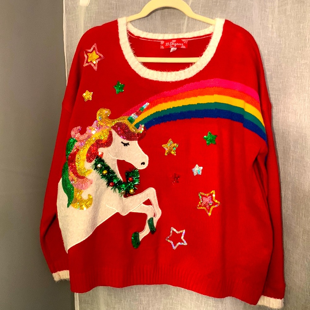 33 DEGREES Christmas Unicorn Rainbow Sweater